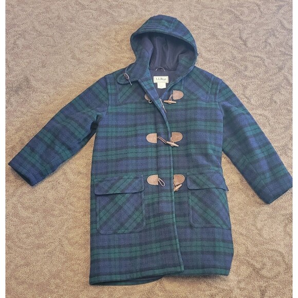 L.L. Bean Jackets & Blazers - Vintage 80s LL Bean Duffle Over Coat WOOL Women's size Large Blue Green Plaid